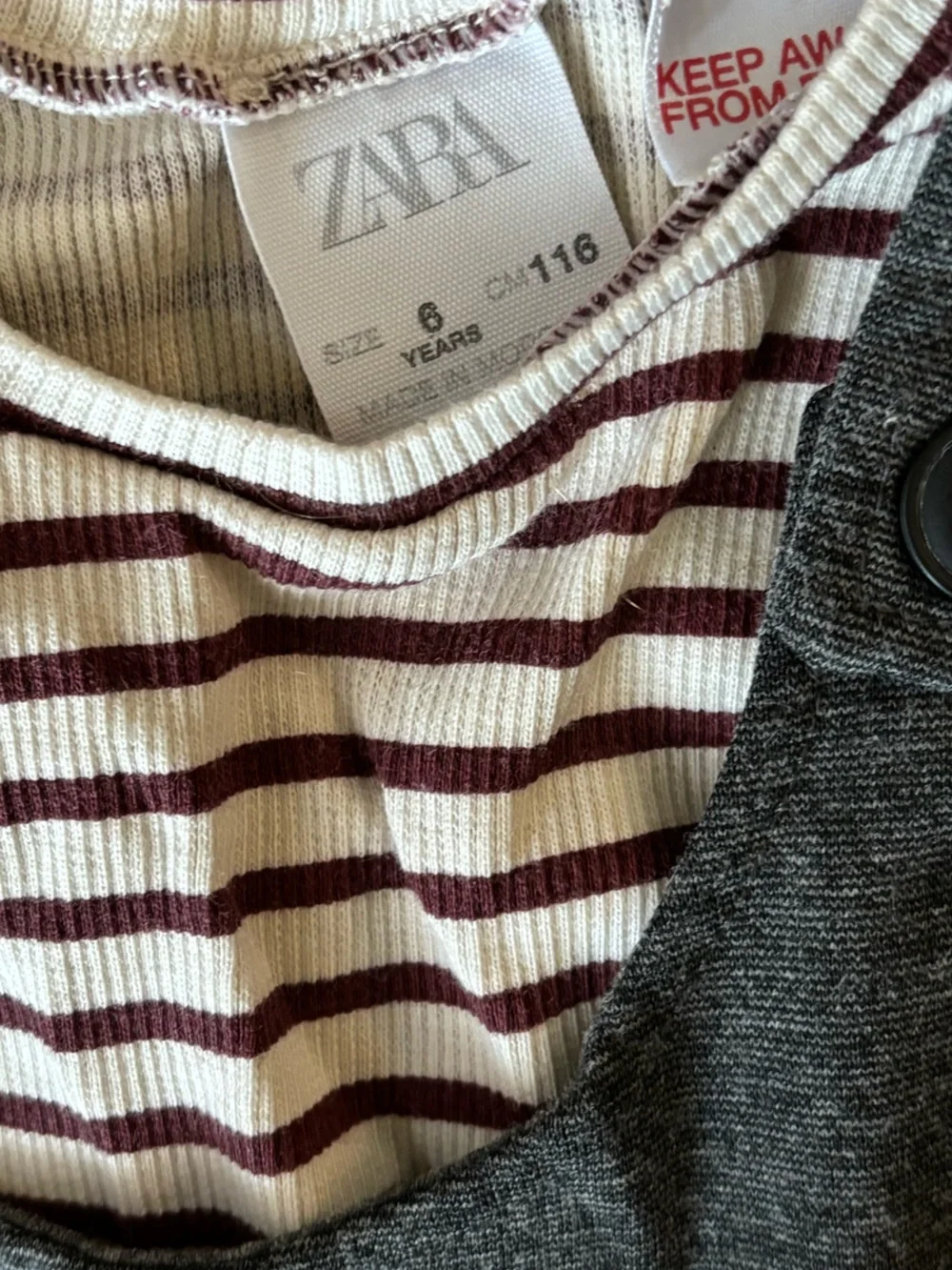 Girls Zara Cream and Burgundy Striped Top with Charcoal Pinafore Detail